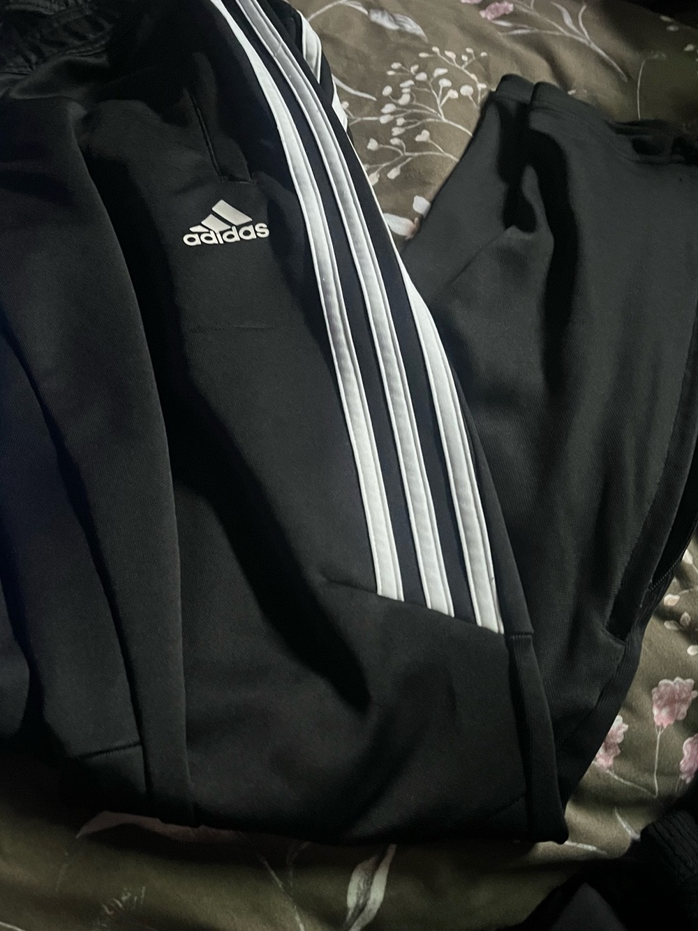 adidas Black Jogger Pants with zippered bottoms and 1/2 adidas classic strips